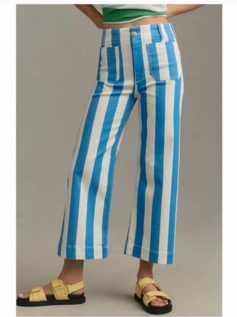 Mauve Blue and White Striped Cropped Wide-Leg Pants